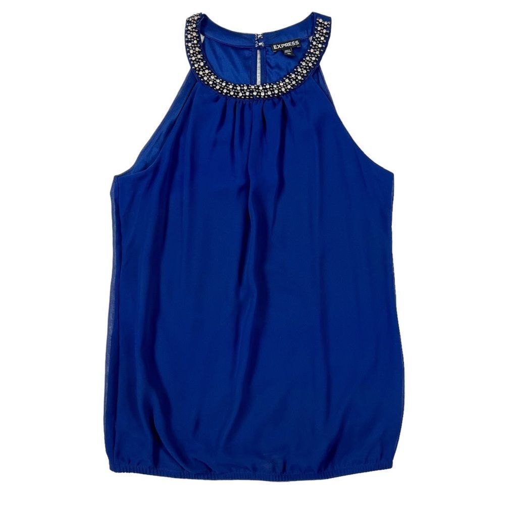 Express Navy Blue Sleeveless Dressy Tank Top Blouse Rhinestone High Neck Size XS